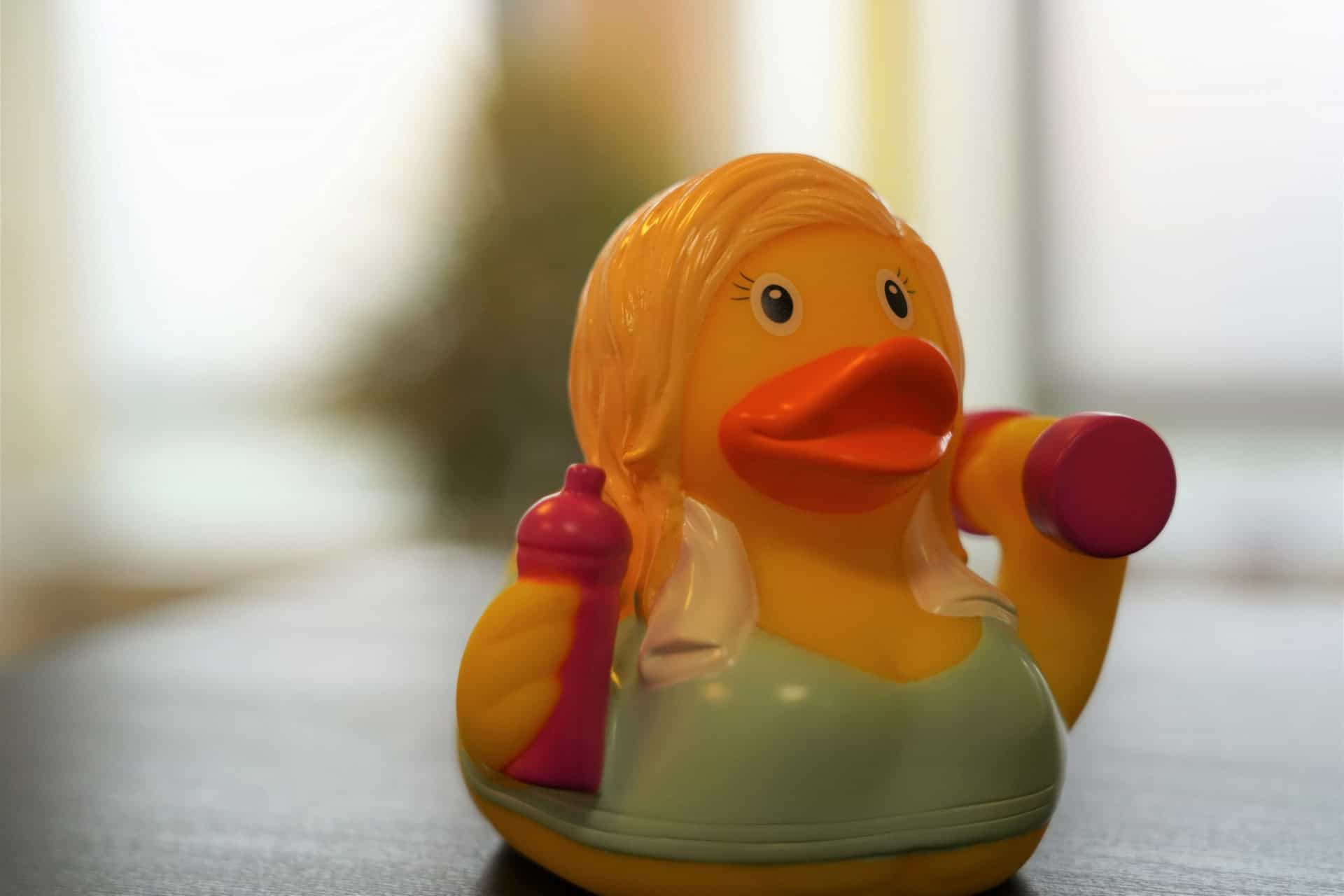 Ente mit Spielzeug-Hanteln und Flasche, lustige Figur