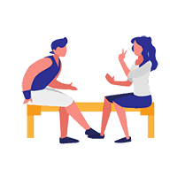 Zwei Personen sprechen auf einer Bank